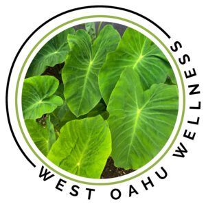 Circular logo with green elephant ear leaves and the words KELLY WEST OAHU around the edge