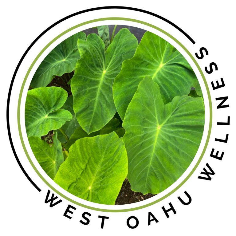 Circular logo with green elephant ear leaves and the words KELLY WEST OAHU around the edge