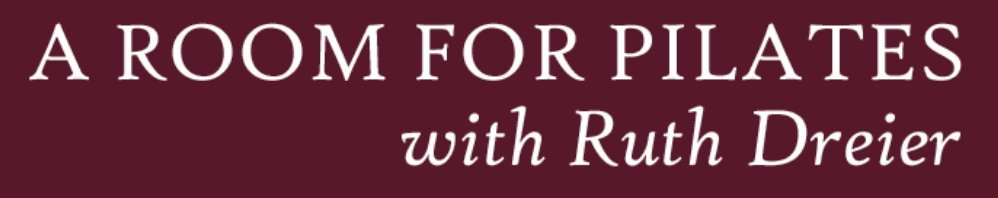 Text reading “A Room for Pilates with Ruth Dreier” on a dark maroon background