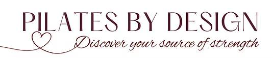 Pilates by Design logo with a heart and the phrase Discover your source of strength